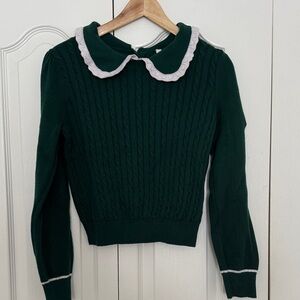 Janie and Jack Green Cable Knit Sweater with White Trim size 14 Like New